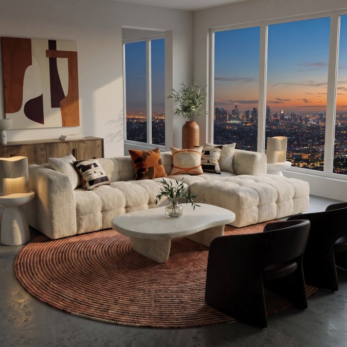 Modern Minimalist Ivory Boucle Sectional Sofa