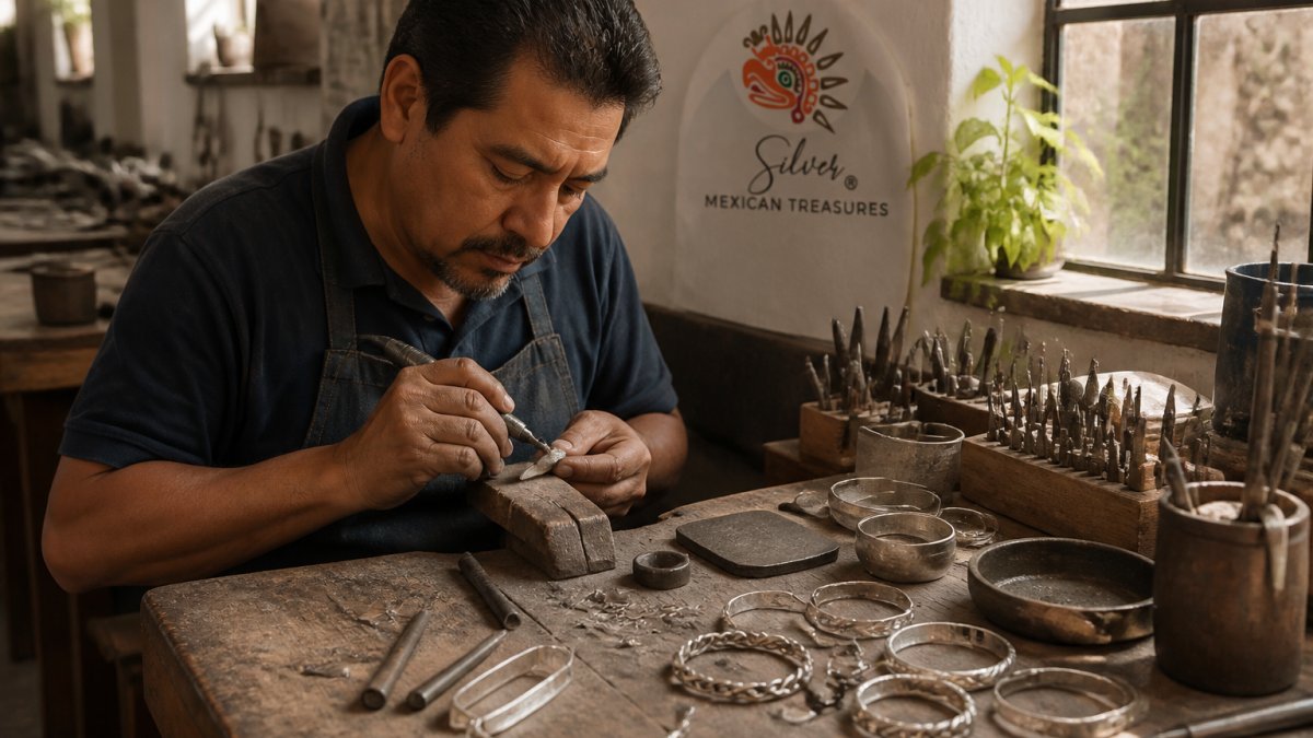 Skilled artisan in traditional Taxco workshop hand-forming sterling silver jewelry at wooden workbench with polishing tools and refined metal pieces, focused concentration on detailed metalwork under warm natural light
