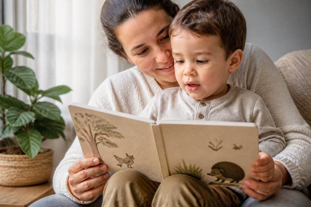Close-up of a parent and child reading a sturdy board book made from recycled paperboard, visible paper texture, soft natural window light in a cozy home setting