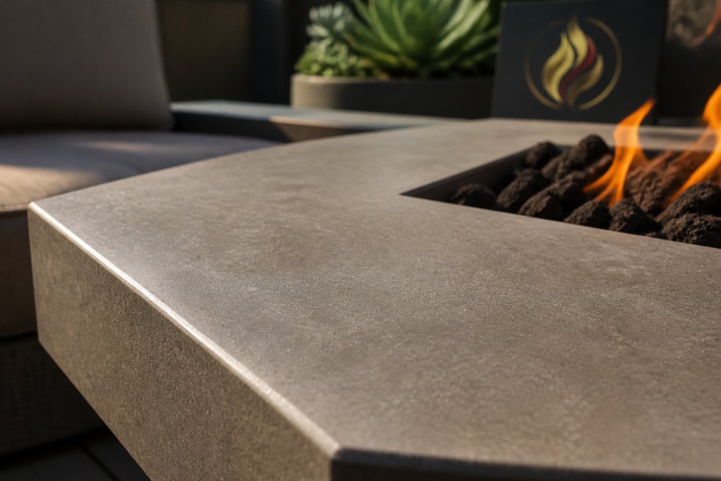 Close-up of luxury GFRC fire table surface showing intricate concrete finish with rich color depth and smooth texture in natural outdoor sunlight