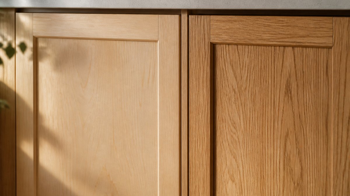 Close-up of natural wood grain texture showing maple and white oak cabinet doors with visible wood patterns and warm finish under soft kitchen lighting