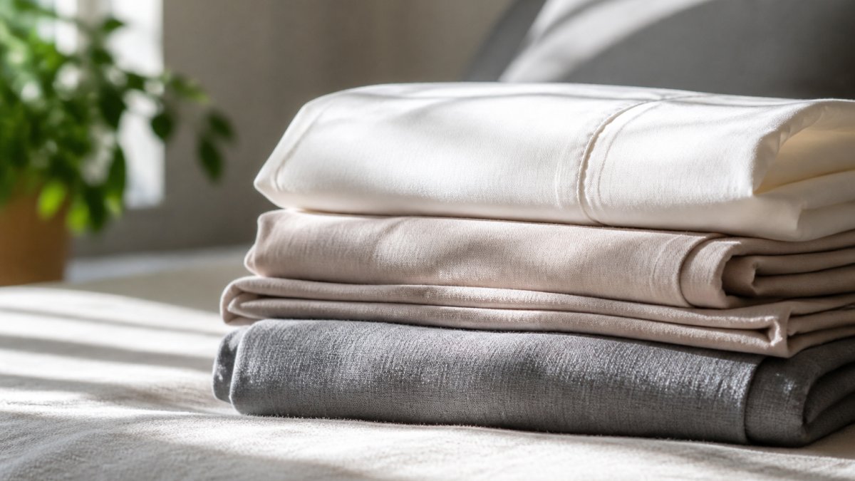 Close-up of luxurious folded bed sheets in natural fibres displayed on a bed, showing texture and weave detail with soft natural daylight streaming across the surface