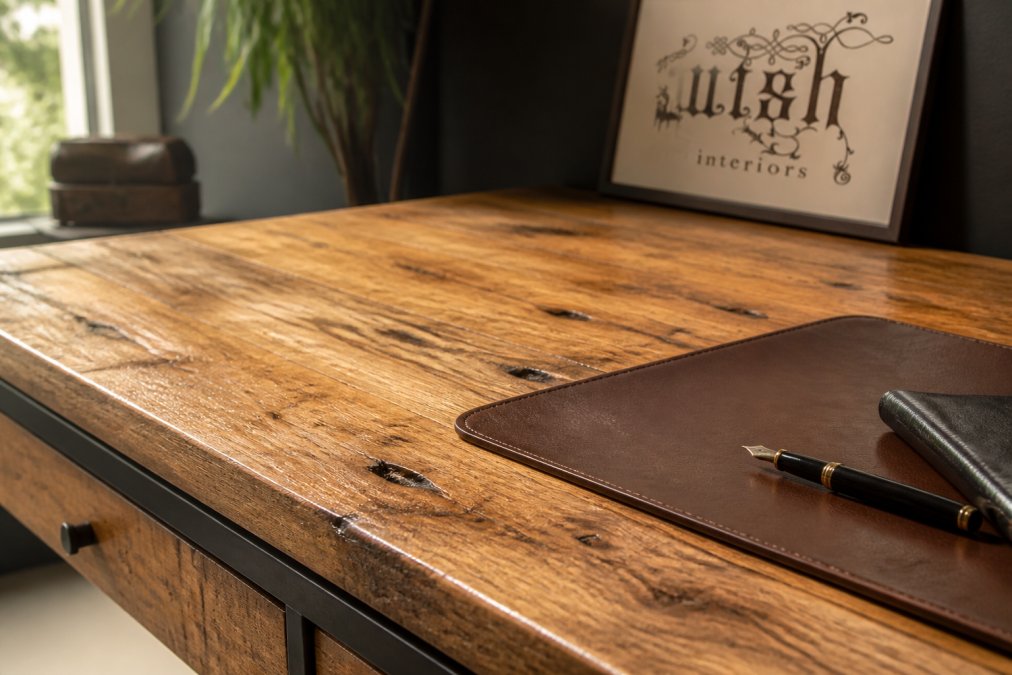 Close-up of a beautifully finished reclaimed wood desk surface showing natural grain patterns, weathered texture, and warm honey tones with a leather desk pad and fountain pen resting on top