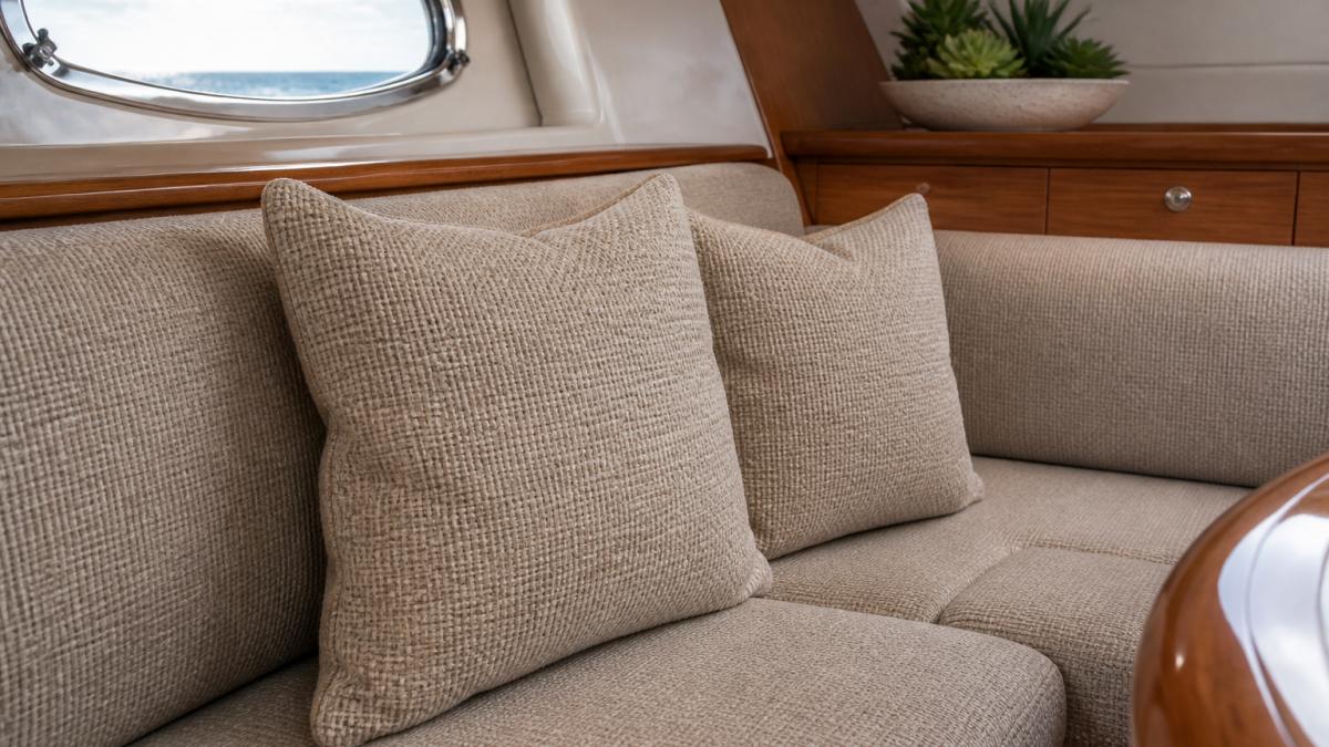Close-up of luxury yacht cabin interior showing eco-friendly upholstery in neutral tones, natural textile weave details visible on custom seating, soft natural light from porthole illuminating sustainable fabric