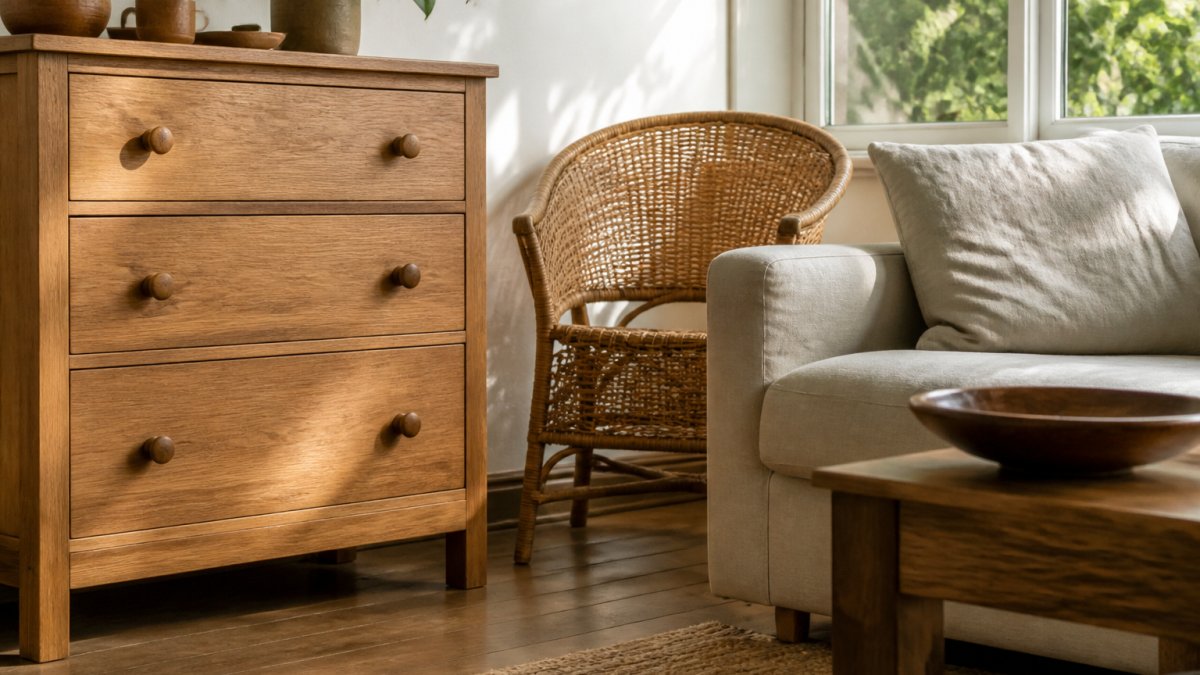 A sunlit living room corner with a solid oak chest of drawers, a woven rattan chair and a linen-covered sofa, natural grain and texture visible in close detail
