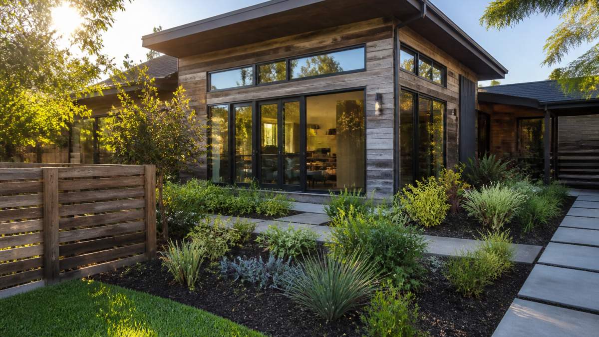 Modern residential home with reclaimed wood siding and large energy-efficient windows, natural landscaping in foreground, warm afternoon sunlight illuminating the exterior