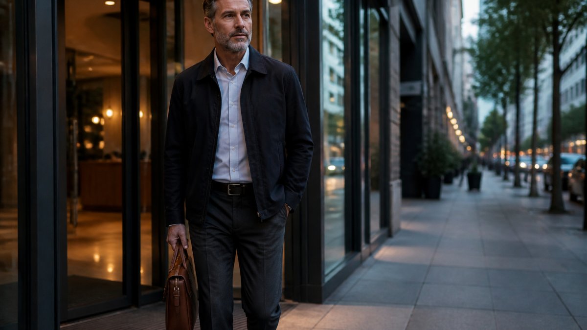 Man in a cotton jacket and trousers leaving a glass office building at dusk holding a leather briefcase