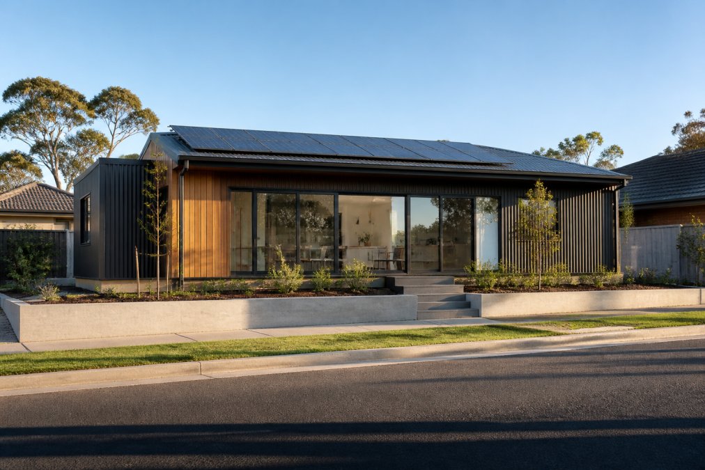 A newly completed steel-framed modular home in a Western Australian suburban setting, with solar panels on the roof and double-glazed windows, photographed in warm afternoon light