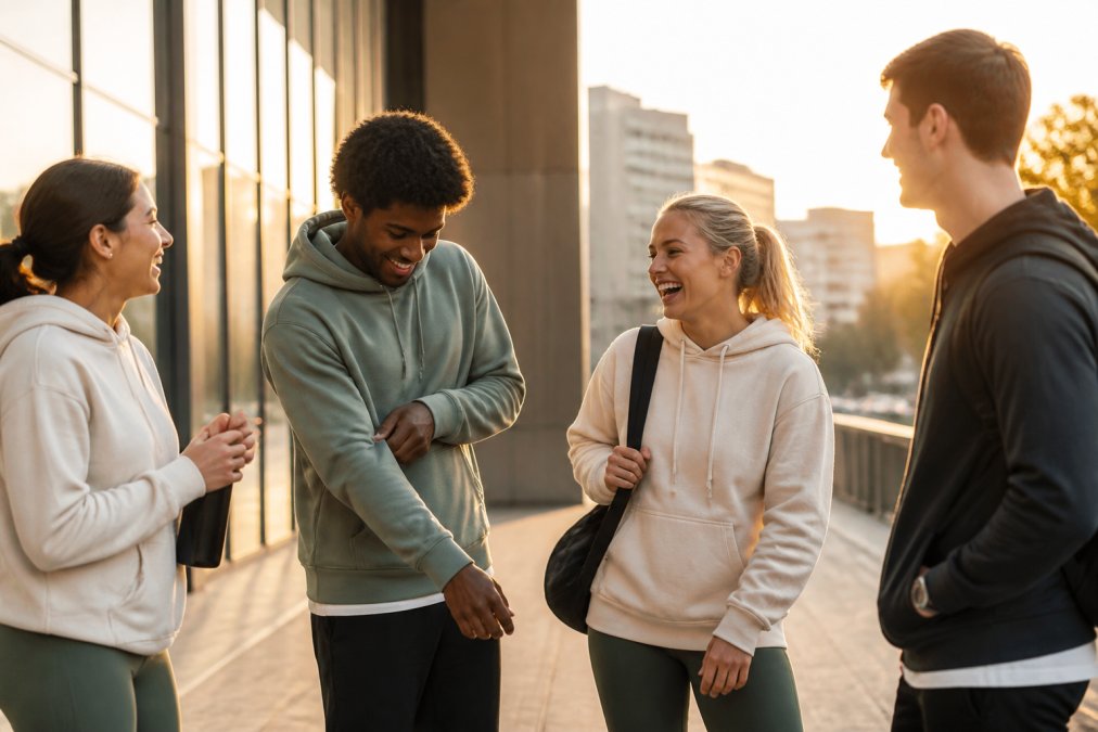 Diverse young professionals in casual hoodies standing confidently on a city sidewalk during golden hour.