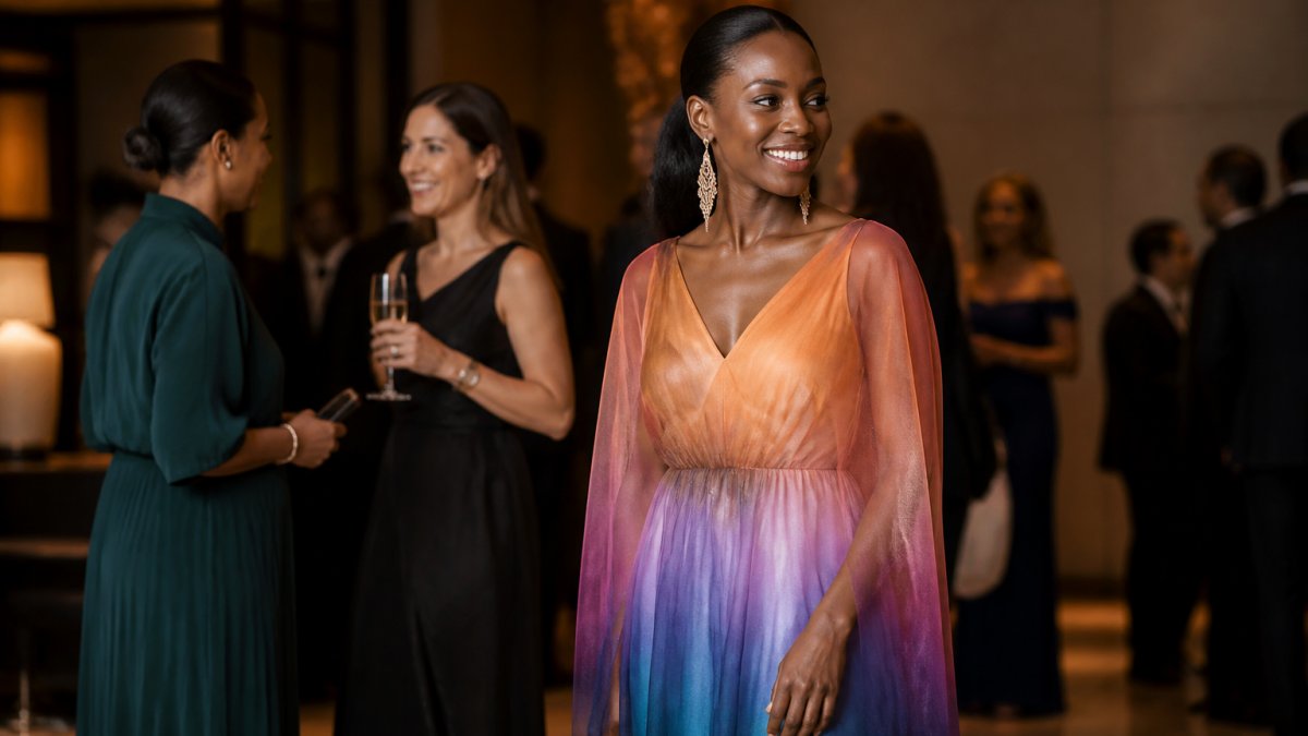 Woman wearing luminous ombré organza dress at upscale evening event, fabric gradient shifting beautifully under soft indoor lighting, showcasing elegant silhouette and artisanal craftsmanship