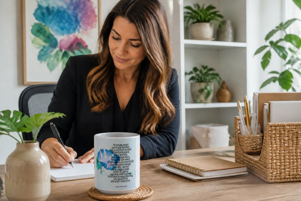 Professional woman at her desk with an inspirational ceramic mug, watercolor artwork on the wall, and organized eco-friendly desk accessories in a bright, modern workspace