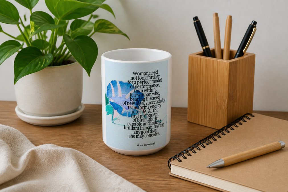 Flat lay of sustainable office supplies including ceramic mug, recycled notebook, bamboo pen holder, and plant on a natural wood desk surface