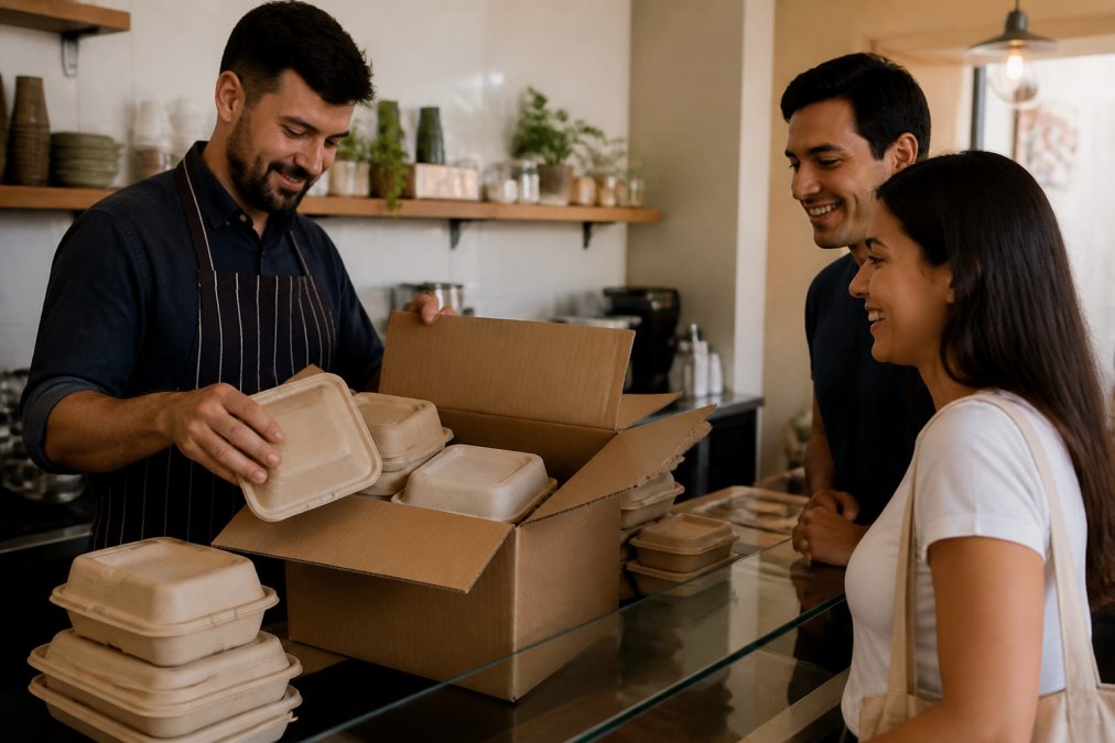 Cafe owner unpacking and displaying compostable food boxes to smiling customers at the counter in warm, natural light