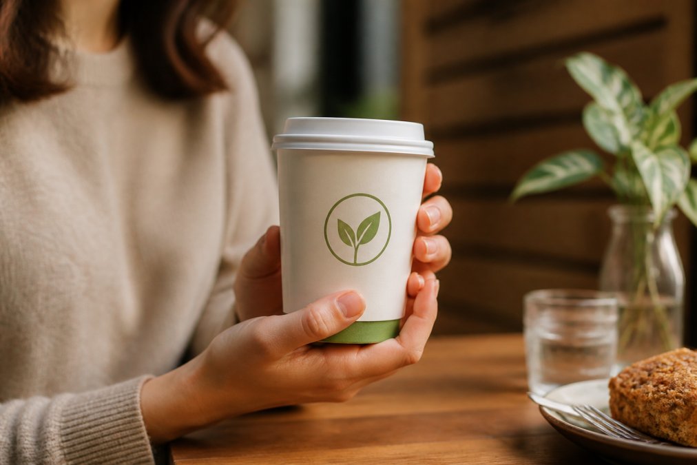 Close-up of branded compostable takeaway cup with eco-friendly logo held in customer's hands at a cafe table with warm lighting