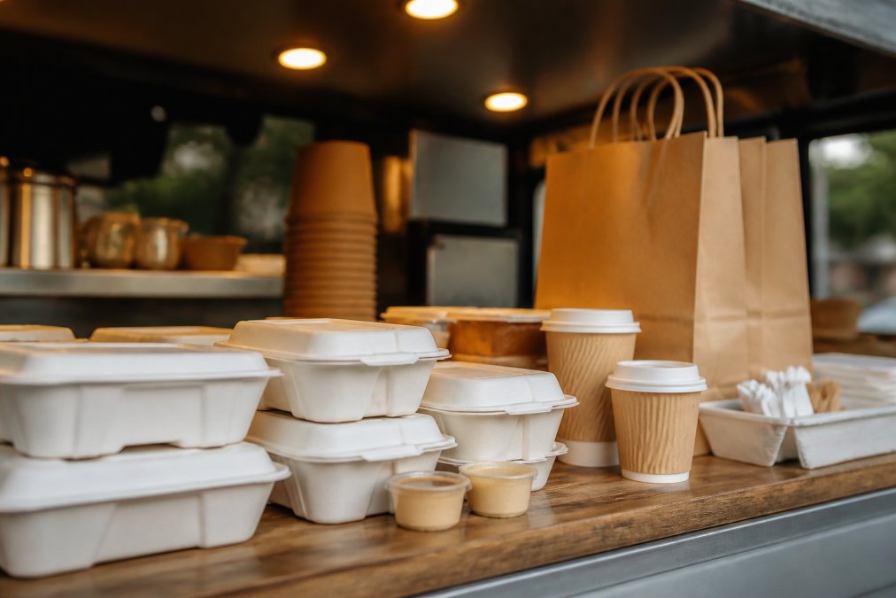 Close-up of a mobile cafe counter displaying a neat arrangement of bagasse takeaway containers, compostable coffee cups with lids, and kraft paper bags ready for service under warm overhead lighting