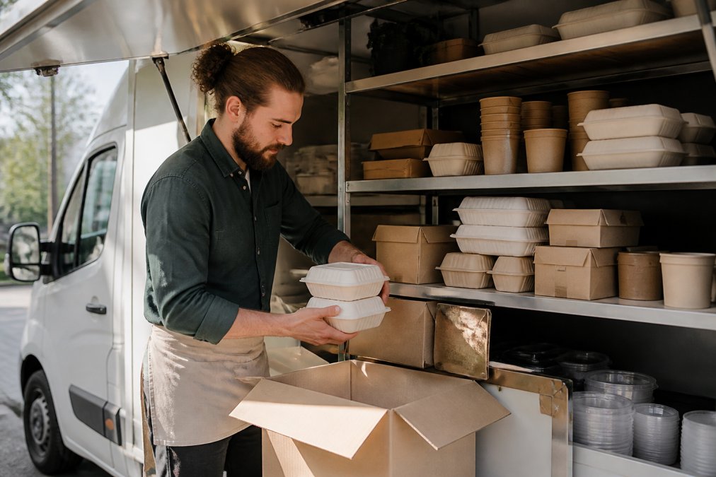 Mobile cafe operator unpacking a delivery of eco-friendly packaging supplies at the side of a food van in morning light, stacking certified compostable containers neatly on a shelf inside the van