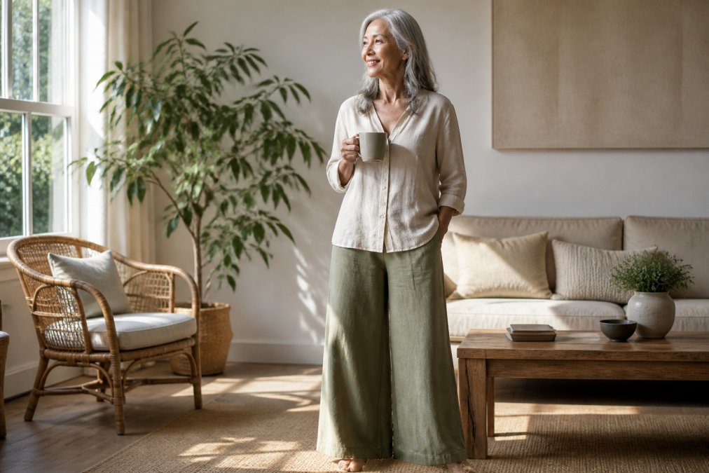 A mature woman in her sixties wearing wide-leg bamboo pants and a linen blouse, standing in a sunlit living room with a coffee cup in hand, relaxed and confident posture