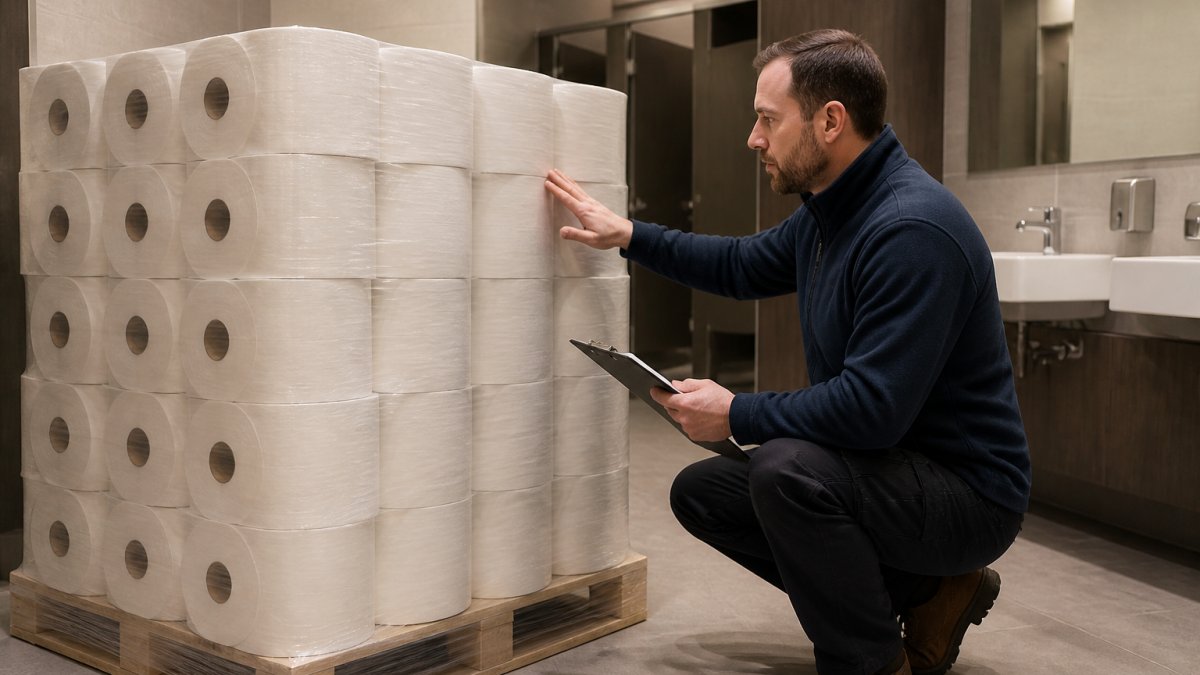 A facilities manager in a bright office washroom checking a stacked pallet of wrapped bulk toilet paper rolls, clipboard in hand, clean tiled interior in the background