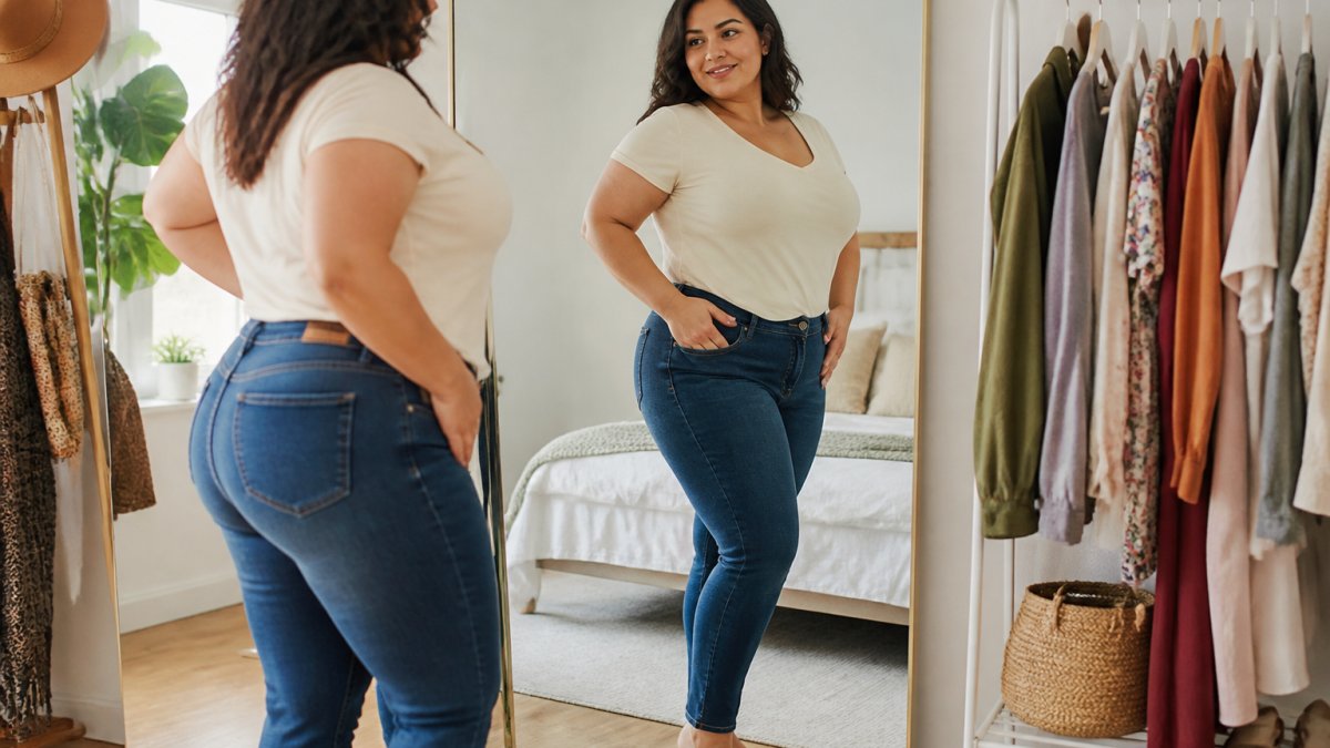 A confident plus-size woman in a bright bedroom trying on a recycled-fiber skinny jean and a soft bamboo top in front of a full-length mirror, with a curated clothing rack behind her