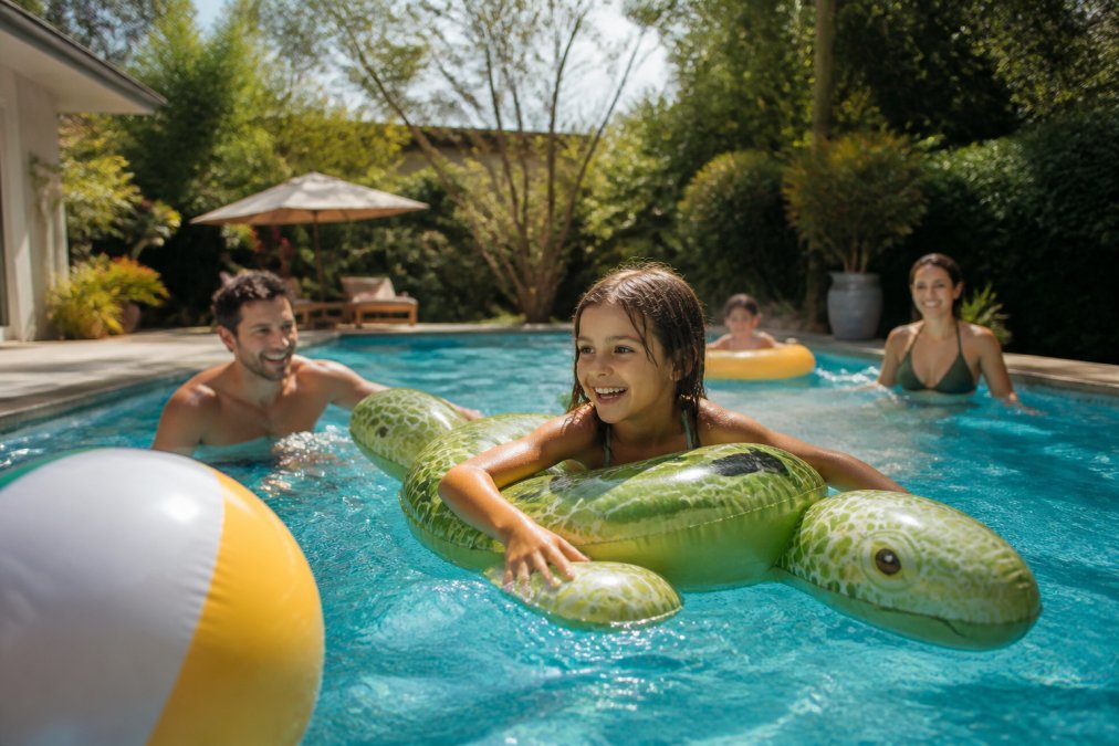 A bright, cheerful backyard pool scene with a family playing, featuring colorful eco-friendly pool toys floating on the water, with a focus on natural sunlight and green surroundings