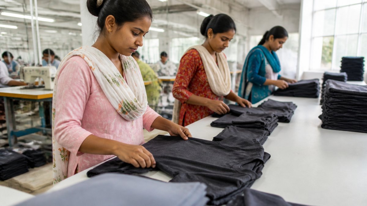 Textile workers carefully inspecting and folding garments in a bright, clean manufacturing facility.