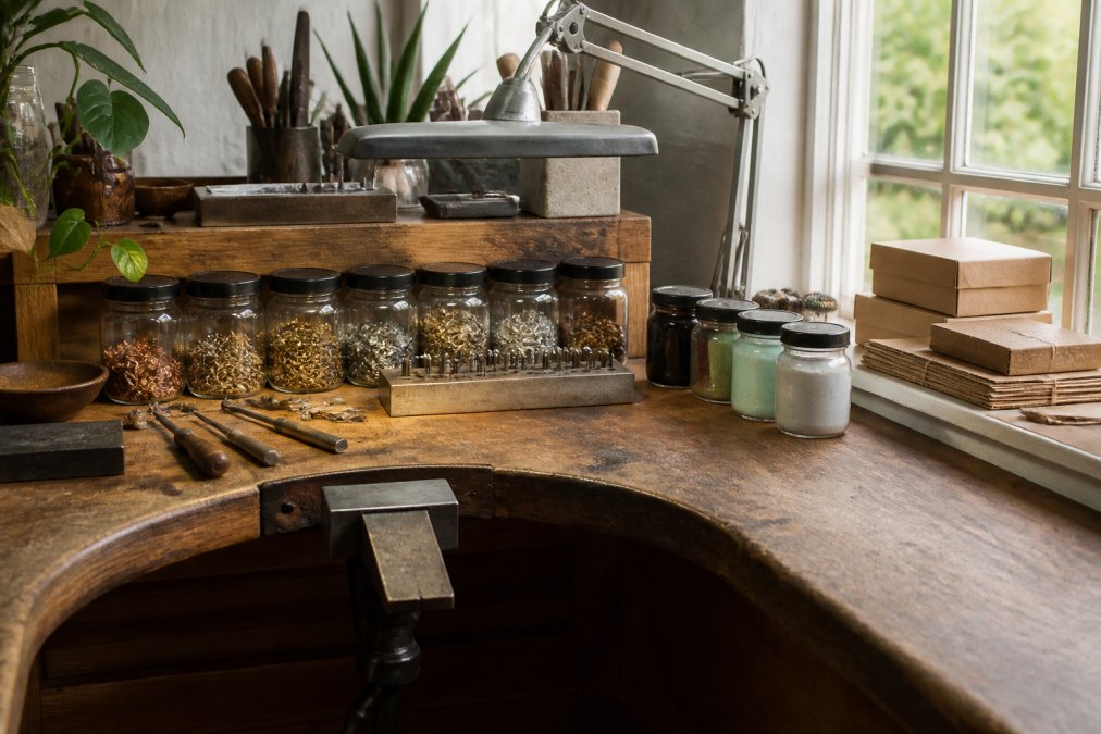 Close-up of a jeweler's workbench with organized scrap metal containers sorted by metal type, non-toxic polishing compounds in labeled jars, LED task lighting, and recycled cardboard packaging materials, natural window lighting