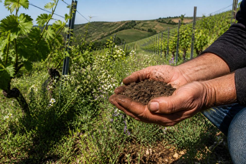 Winemaker holding rich organic soil between rows of native grapevines in a sunlit Portuguese vineyard