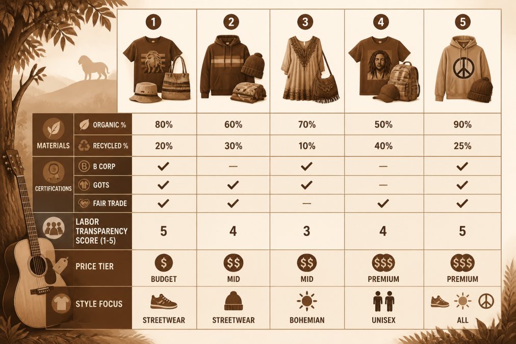Comparison matrix showing 5 sustainable reggae fashion brands rated across Materials (organic % and recycled %), Certifications (B Corp, GOTS, Fair Trade checkmarks), Labor transparency score (1-5), Price tier (budget/mid/premium), and Style focus (streetwear/bohemian/unisex/all)