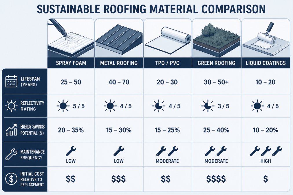 Comparison matrix of spray foam, metal roofing, TPO/PVC, green roofing, and liquid coatings across lifespan (years), reflectivity rating, energy savings potential (%), maintenance frequency, and initial cost relative to replacement