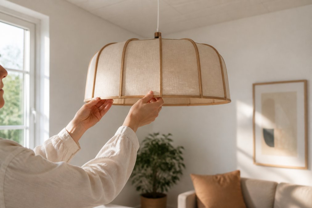 Close-up of hands adjusting a natural linen and oak wood pendant lamp hanging in a bright, minimalist living room with soft daylight