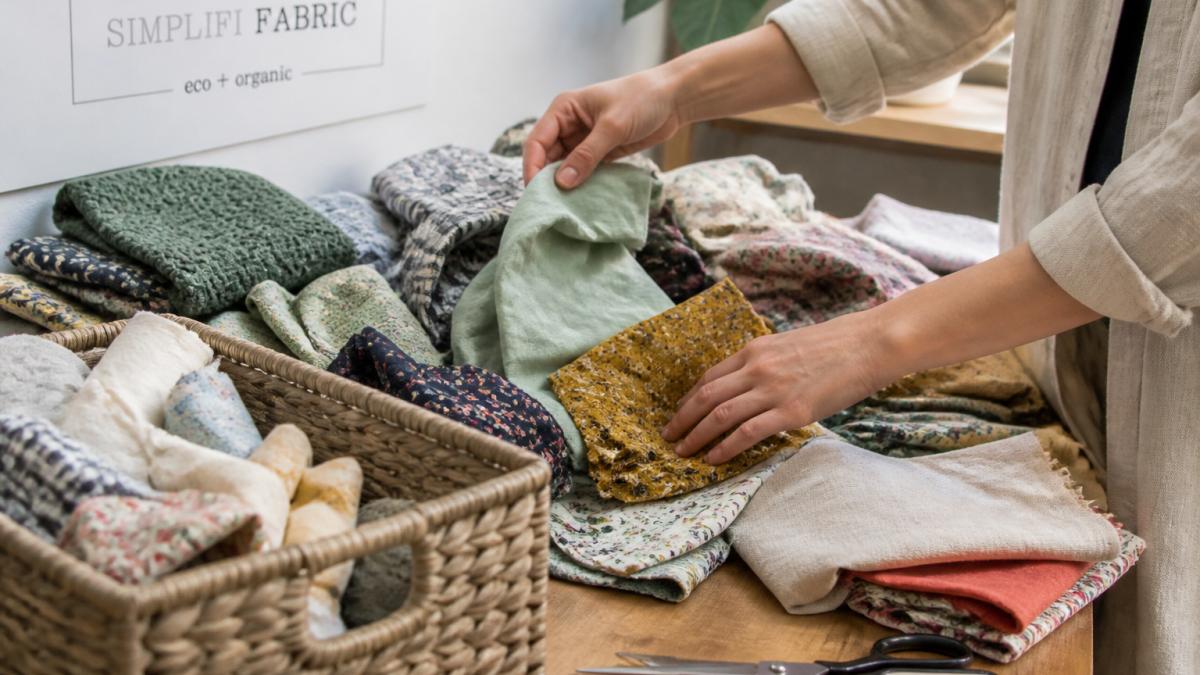 Close-up of hands sorting through colorful fabric scraps and pre-owned textiles on a wooden table, with a sewing basket and scissors nearby