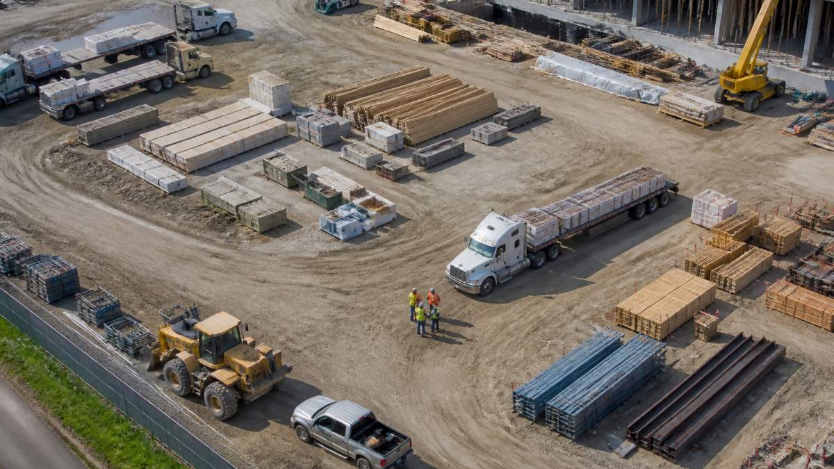 Aerial view of construction site zones and trucks coordinating sustainable site prep logistics for efficient workflows.