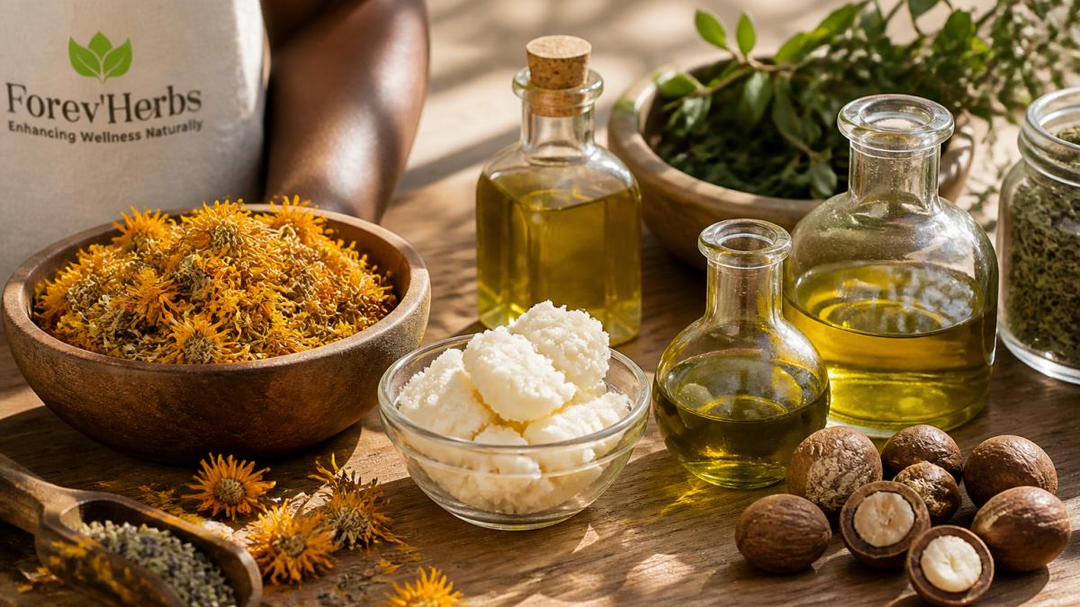 Dried calendula flowers, shea butter, and organic oils arranged on a rustic wooden surface in warm sunlight.
