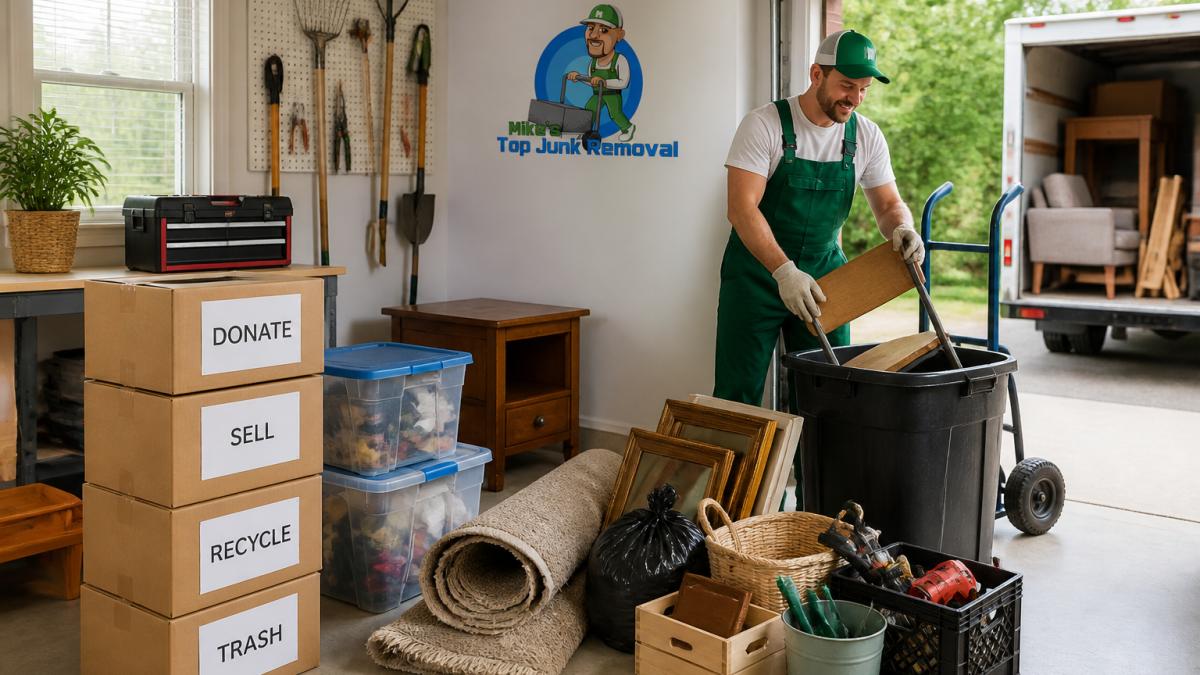Organized garage with sorted piles of items ready for removal, clear categories marked by boxes and labels, natural daylight streaming through windows