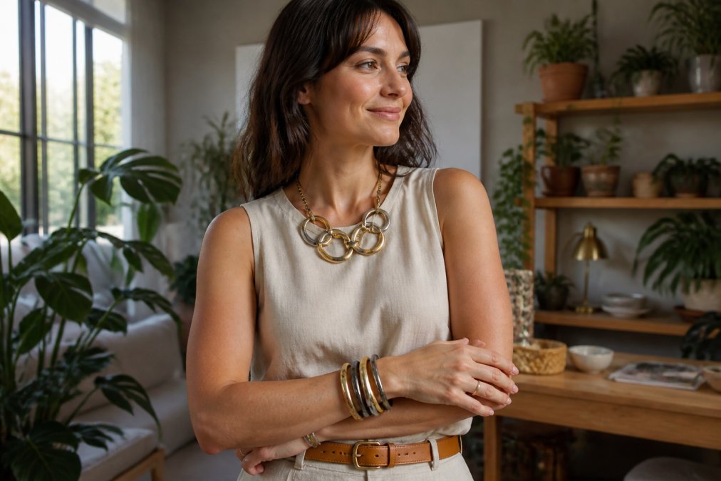 Woman wearing a sculptural necklace and layered bracelets with a neutral outfit in a bright, plant-filled room
