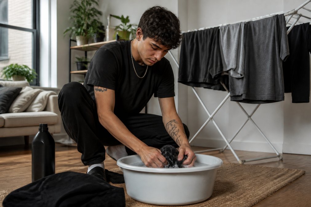 Young man hand-washing a black t-shirt in a basin to maintain his sustainable streetwear collection at home.