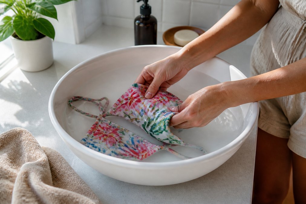 Close-up of hands gently hand-washing a colourful bikini in a clean basin of cool water, natural light streaming through a window in a minimalist bathroom setting