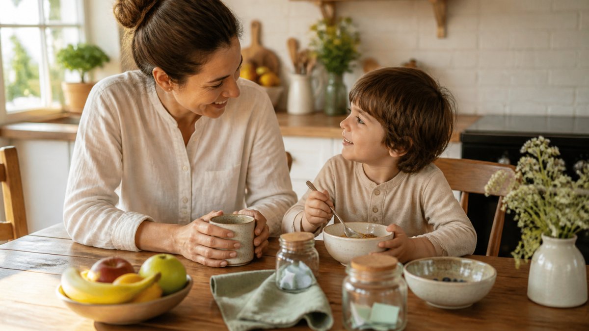 A parent and young child sitting at a wooden kitchen table with a device-free breakfast, a small gratitude jar, and a reusable cloth napkin; warm morning light