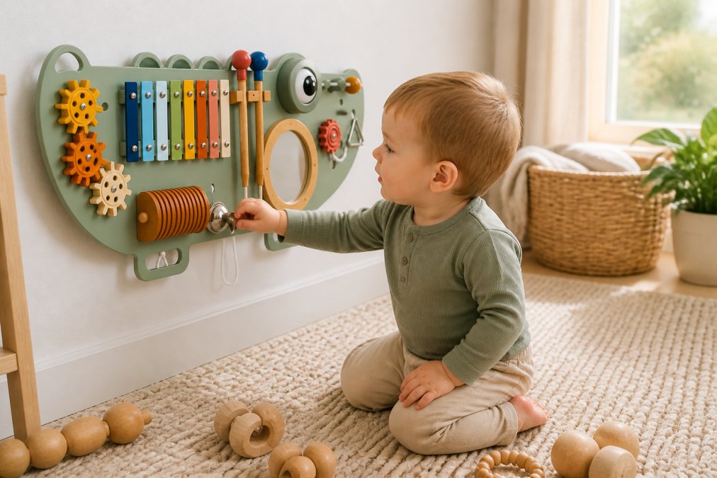 Toddler sitting on a soft play mat with focused attention, reaching and grasping at natural wooden sensory toys, fingers exploring different textures under warm natural window light