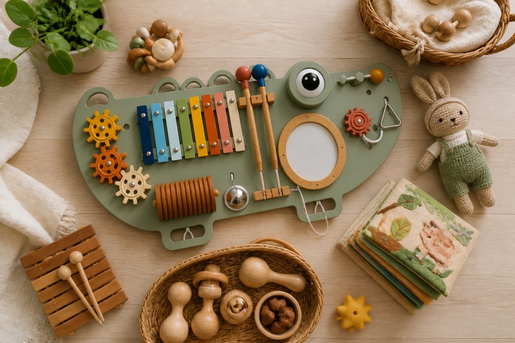 Overhead flat lay of eco-friendly sensory toys including wooden musical instruments, cloth books, natural rubber toys, and wooden beads arranged artfully on a light wooden surface with soft natural lighting