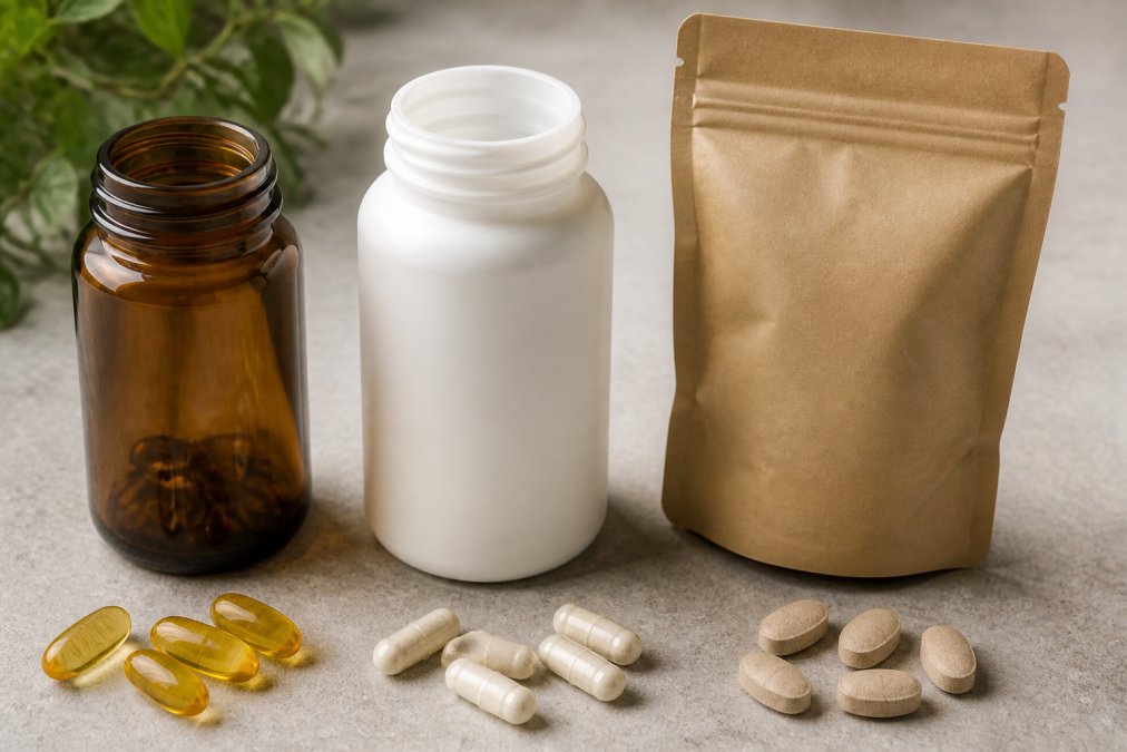 A clean, well-lit flat lay of three different supplement packaging types: an amber glass jar, a white post-consumer recycled plastic bottle, and a flexible kraft paper pouch, arranged on a neutral background with a few supplement tablets scattered nearby