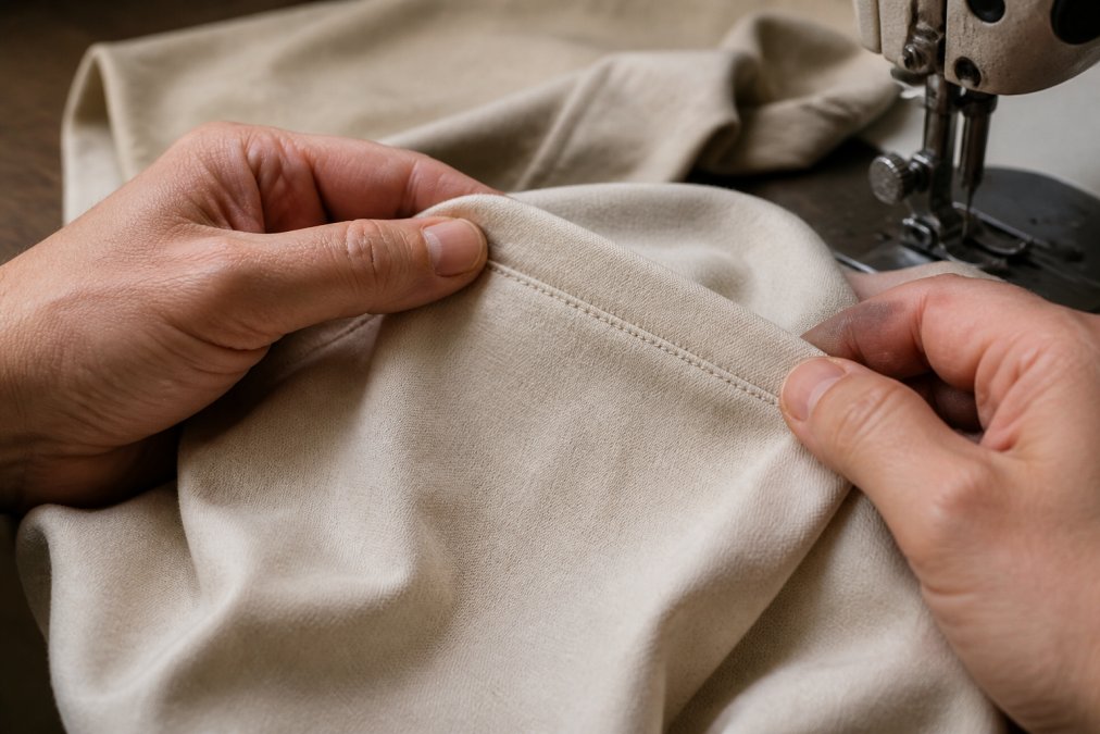 Close-up of expert hands examining organic cotton fabric weave, showing tight stitching detail and texture under natural studio lighting