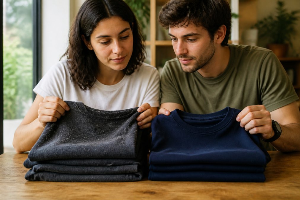 Close-up of two folded t-shirts side by side, one visibly pilled and faded next to one with crisp, intact fabric, photographed in soft natural window light