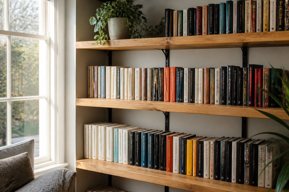 A neatly organised home bookshelf with books arranged by height, featuring natural wooden shelving and a small plant on the top shelf, soft natural light from a nearby window