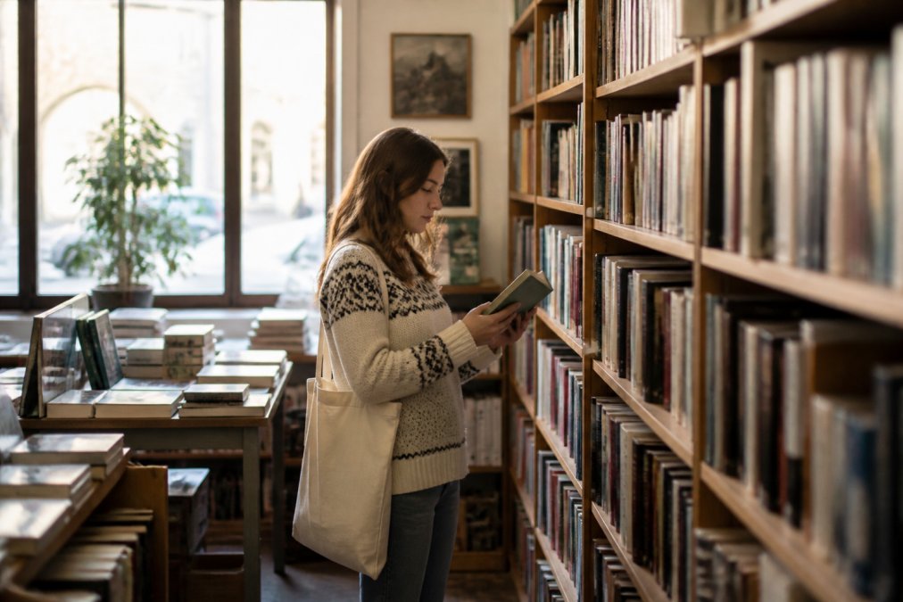 Customer browsing shelves of pre-loved books in a cosy independent bookshop, examining a book closely with natural light streaming through the window, surrounded by neatly organised shelves of colourful spines