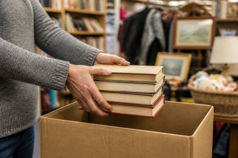 Hands placing a stack of well-loved books into a donation box at a charity shop, showing books in good condition ready for their next reader, with warm indoor lighting