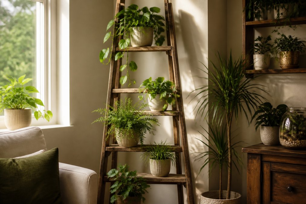 A rustic wooden ladder repurposed as a plant stand, holding several potted indoor plants of varying sizes in a sunlit living room corner