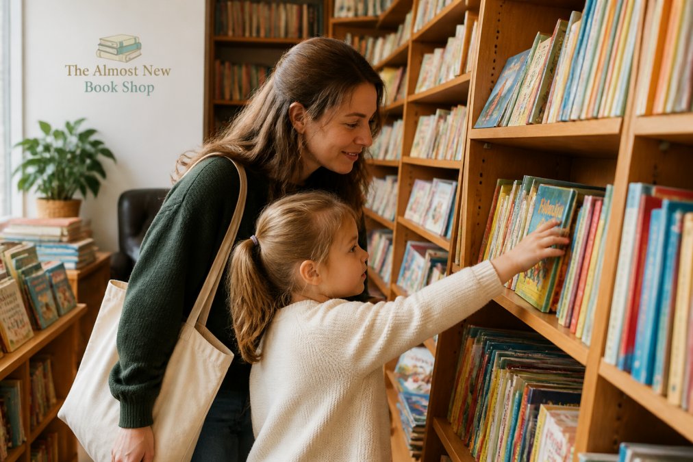 A parent and child browsing shelves of second-hand children's books in a cozy, sunlit independent bookstore.
