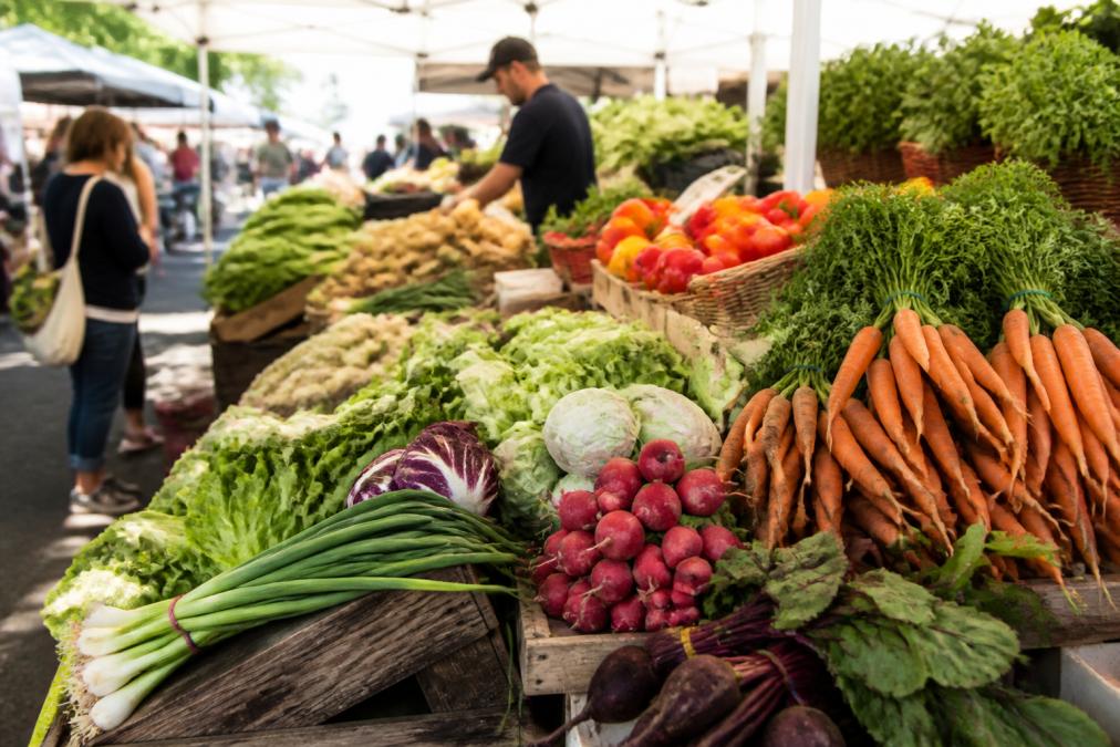 Vibrant farmers market display with fresh seasonal produce including colourful vegetables, leafy greens, and fruits arranged on wooden tables under natural morning light, shoppers browsing in background
