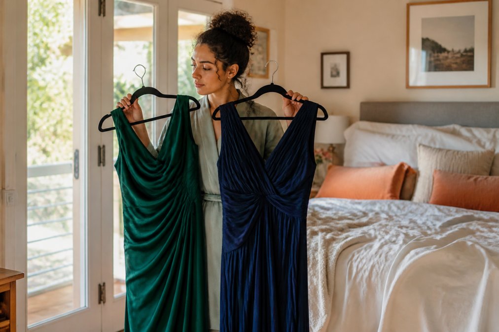 Woman in a sunlit bedroom choosing between two formal dresses for a wedding